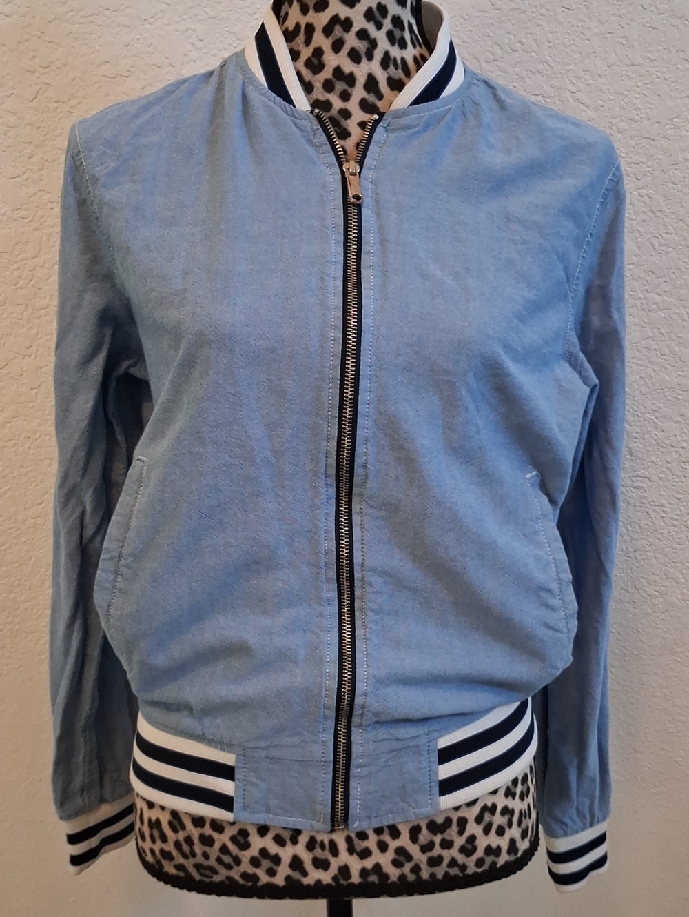 Denim & Flower Light Blue Lightweight Zip Up Bomber Style  Navy- Accents (S)